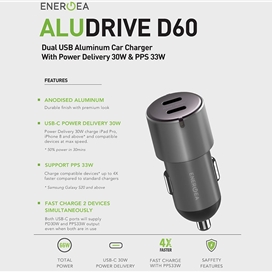 شارژر فندکی 66 وات پاور دلیوری انرژیا | Energea Alu Drive D60 66W USB-C PD Car Charger