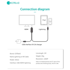 کابل چند سر اچ دی ام آی به لایتنینگ و یو اس بی 2 متری کوتتسی Coteetci HDMI to Lightning USB Cable 33022