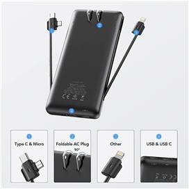 پاور بانک 10000mAh برند وروک مدل VRURC Portable Charger with Built-In Cables and AC Wall Plug