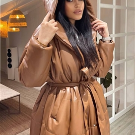 کاپشن چرم بلند ساده کلاه دار زنانه