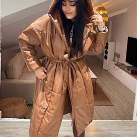 کاپشن چرم بلند ساده کلاه دار زنانه
