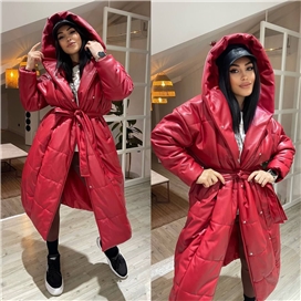 کاپشن چرم بلند ساده کلاه دار زنانه